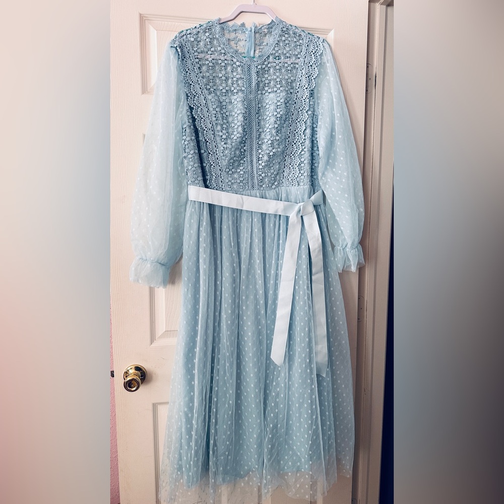 Chic Light Blue Lace Long Sleeve Dress - Picture 2 of 7